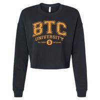 BTC University To The Moon Funny Distressed Bitcoin College Cropped Pullover Crew