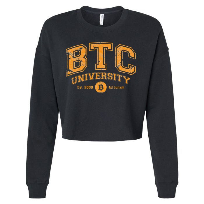 BTC University To The Moon Funny Distressed Bitcoin College Cropped Pullover Crew