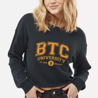 BTC University To The Moon Funny Distressed Bitcoin College Cropped Pullover Crew