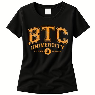 BTC University To The Moon Funny Distressed Bitcoin College Womens T-Shirt