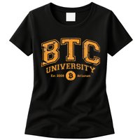 BTC University To The Moon Funny Distressed Bitcoin College Womens T-Shirt