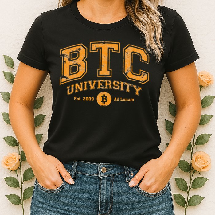 BTC University To The Moon Funny Distressed Bitcoin College Womens T-Shirt