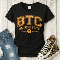 BTC University To The Moon Funny Distressed Bitcoin College Womens T-Shirt