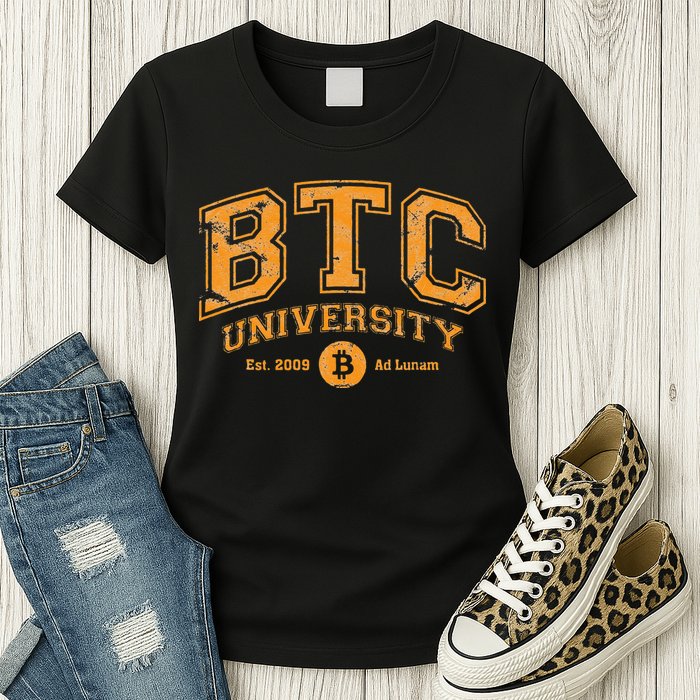 BTC University To The Moon Funny Distressed Bitcoin College Womens T-Shirt