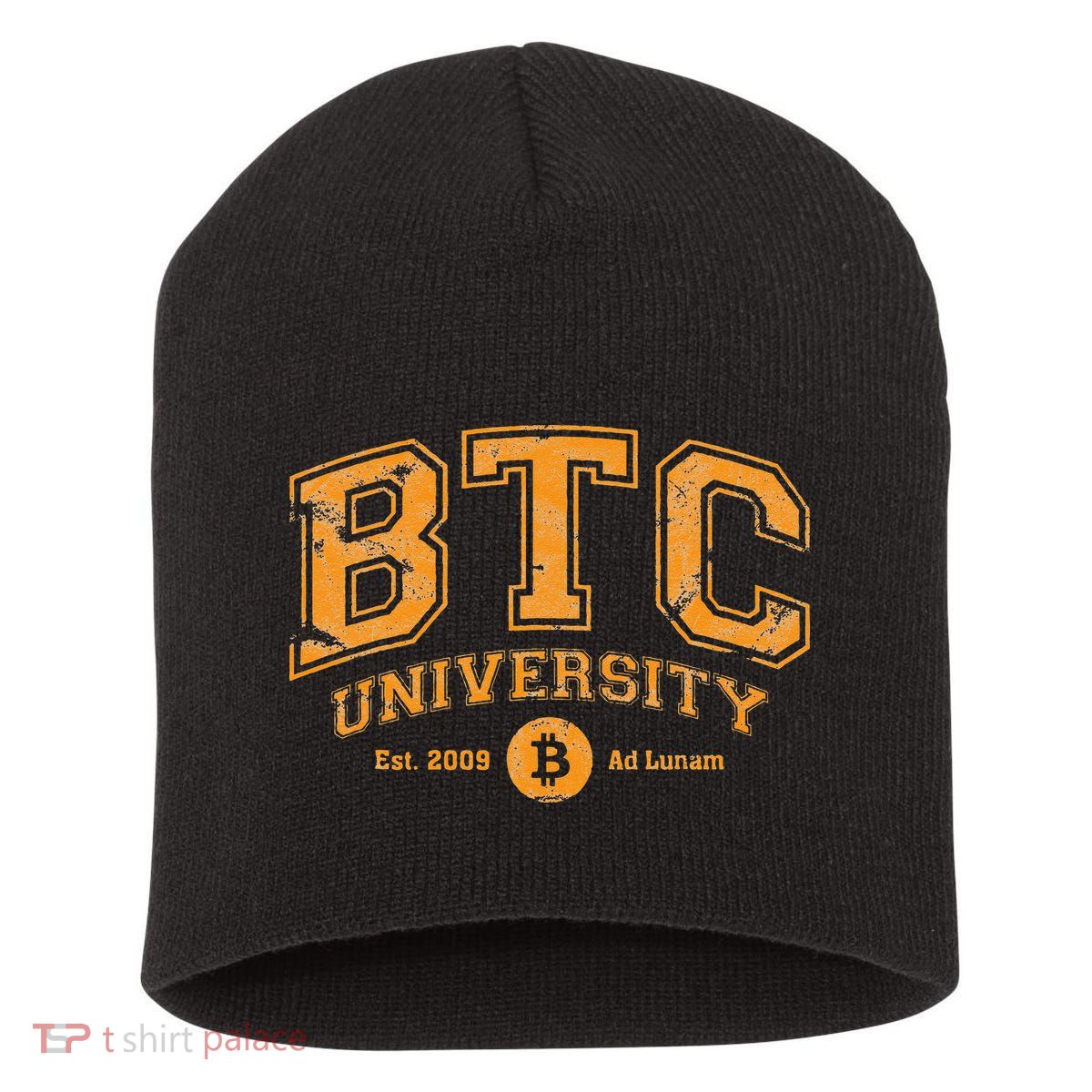 BTC University To The Moon Funny Distressed Bitcoin College Short Acrylic Beanie