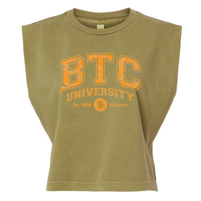 BTC University To The Moon Funny Distressed Bitcoin College Garment-Dyed Women's Muscle Tee