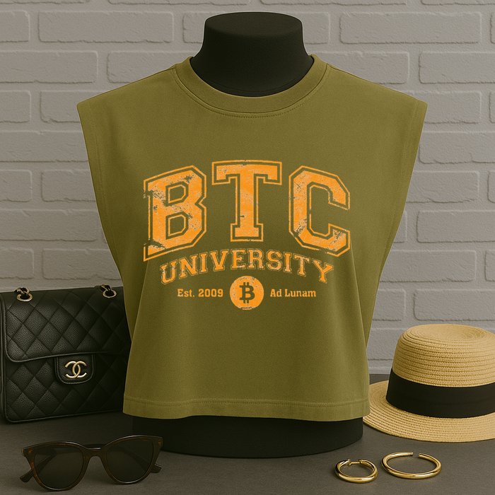 BTC University To The Moon Funny Distressed Bitcoin College Garment-Dyed Women's Muscle Tee