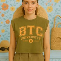 BTC University To The Moon Funny Distressed Bitcoin College Garment-Dyed Women's Muscle Tee