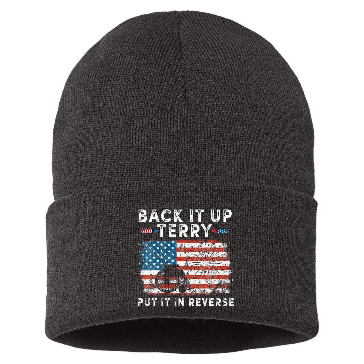 Back Up Terry Put It In Reverse Firework Funny 4th Of July Sustainable Knit Beanie
