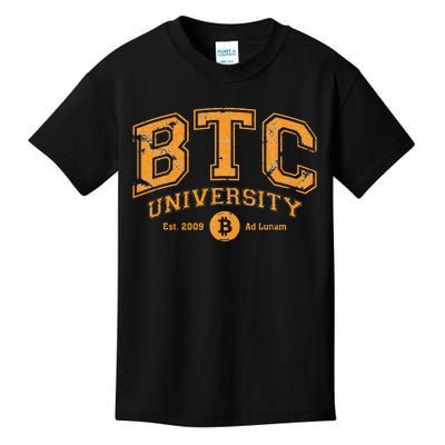 BTC University To The Moon Funny Distressed Bitcoin College Kids T-Shirt