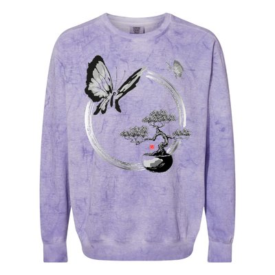 Butterflies And Bonzai Tree Japanese Ink Colorblast Crewneck Sweatshirt