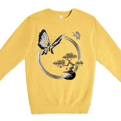 Butterflies And Bonzai Tree Japanese Ink Premium Crewneck Sweatshirt