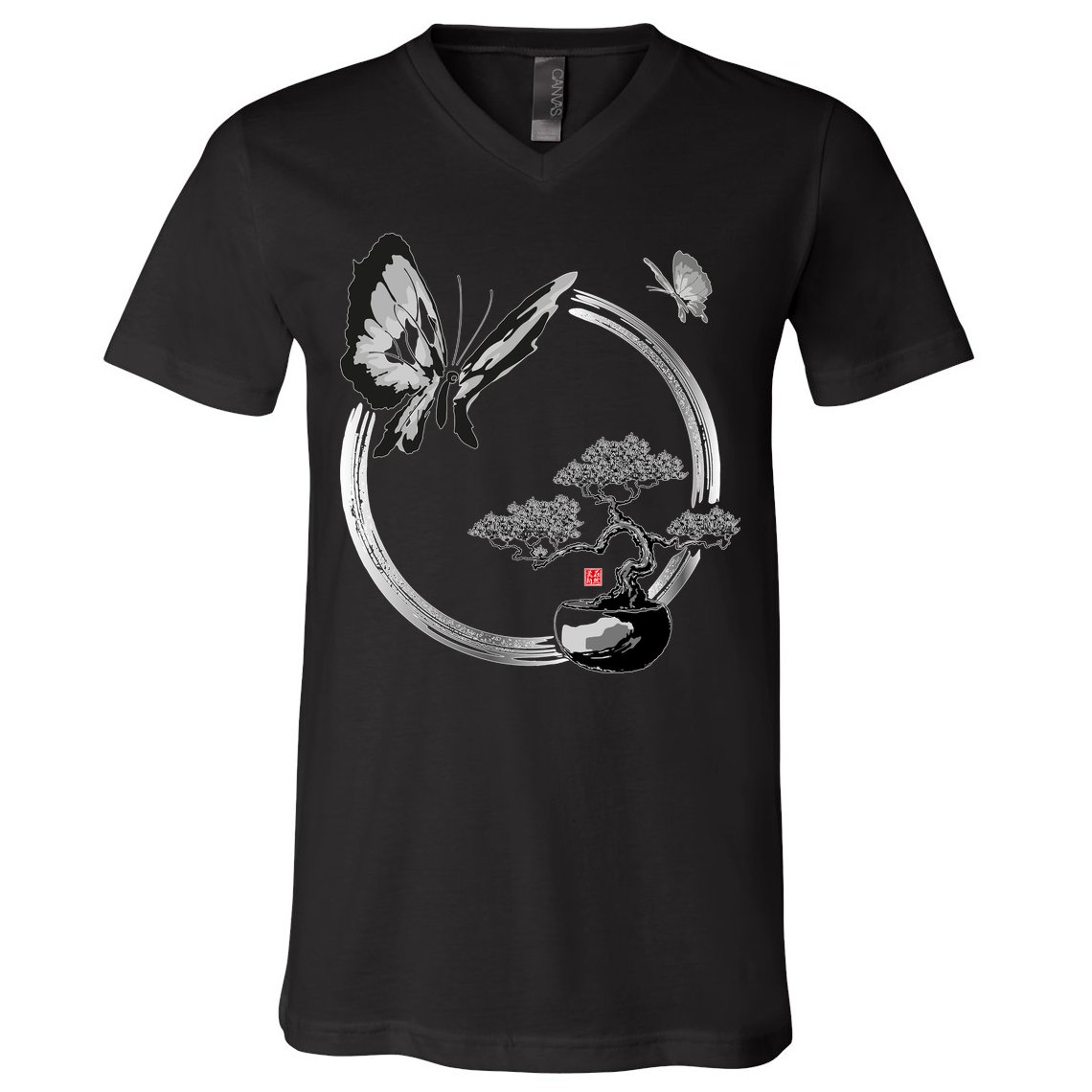 Butterflies And Bonzai Tree Japanese Ink V-Neck T-Shirt