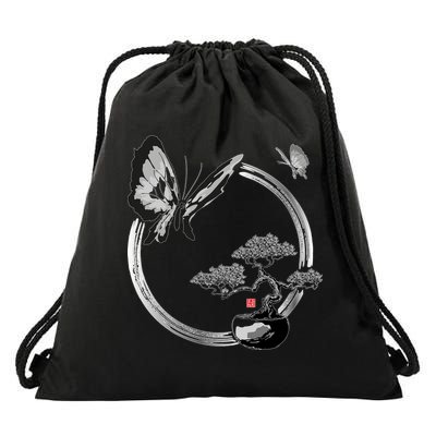 Butterflies And Bonzai Tree Japanese Ink Drawstring Bag