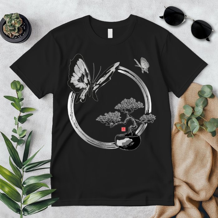 Butterflies And Bonzai Tree Japanese Ink Premium T-Shirt