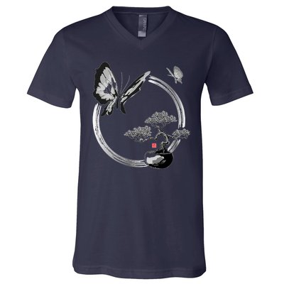 Butterflies And Bonzai Tree Japanese Ink V-Neck T-Shirt