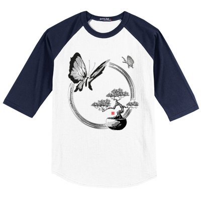 Butterflies And Bonzai Tree Japanese Ink Baseball Sleeve Shirt