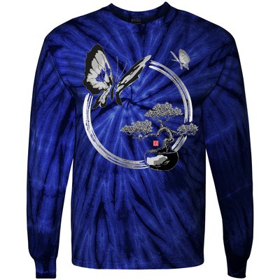 Butterflies And Bonzai Tree Japanese Ink Tie-Dye Long Sleeve Shirt