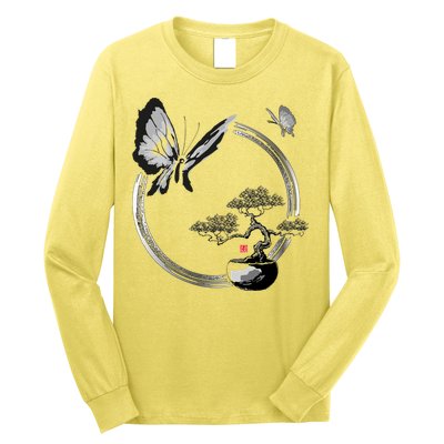 Butterflies And Bonzai Tree Japanese Ink Long Sleeve Shirt