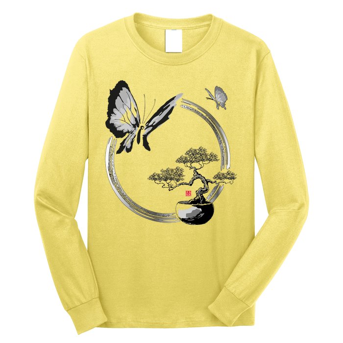 Butterflies And Bonzai Tree Japanese Ink Long Sleeve Shirt