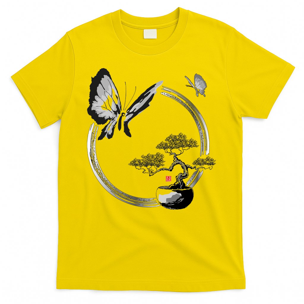 Butterflies And Bonzai Tree Japanese Ink T-Shirt