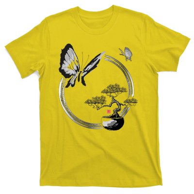 Butterflies And Bonzai Tree Japanese Ink T-Shirt