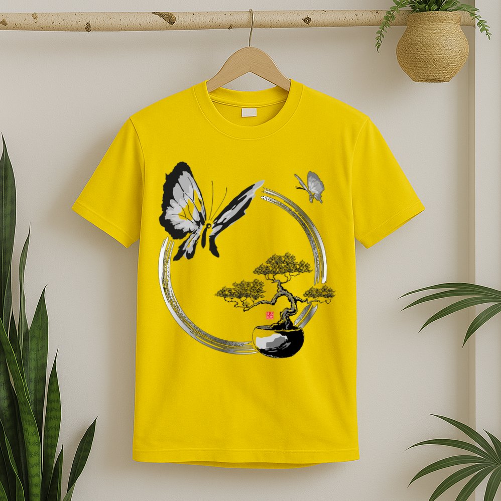 Butterflies And Bonzai Tree Japanese Ink T-Shirt