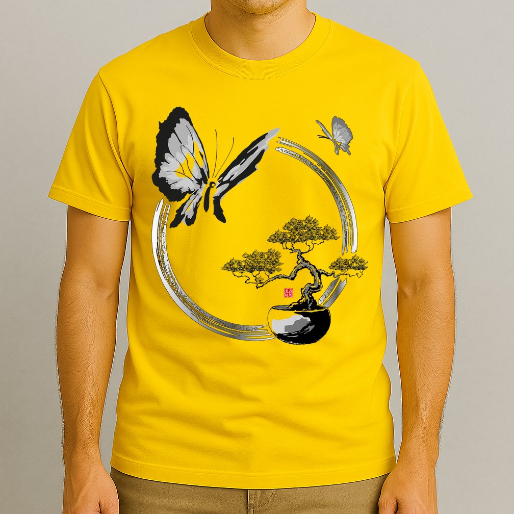 Butterflies And Bonzai Tree Japanese Ink T-Shirt