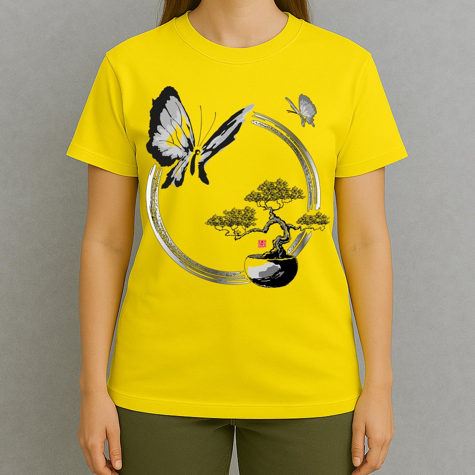 Butterflies And Bonzai Tree Japanese Ink T-Shirt