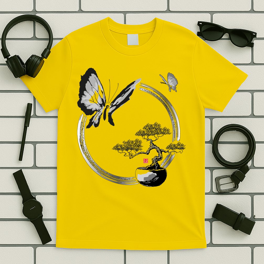 Butterflies And Bonzai Tree Japanese Ink T-Shirt