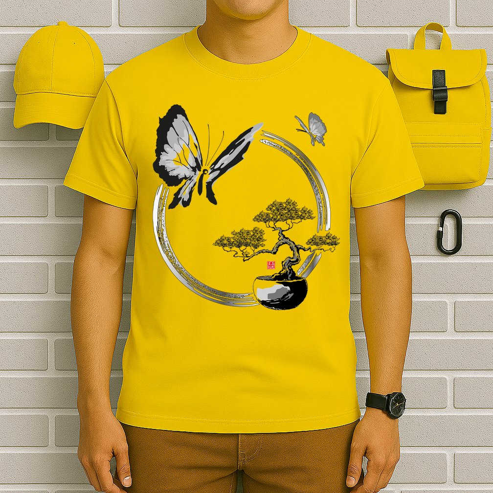 Butterflies And Bonzai Tree Japanese Ink T-Shirt