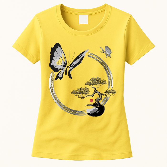 Butterflies And Bonzai Tree Japanese Ink Womens T-Shirt