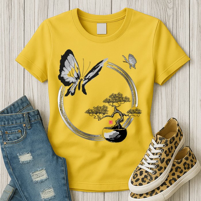Butterflies And Bonzai Tree Japanese Ink Womens T-Shirt