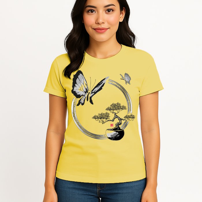 Butterflies And Bonzai Tree Japanese Ink Womens T-Shirt