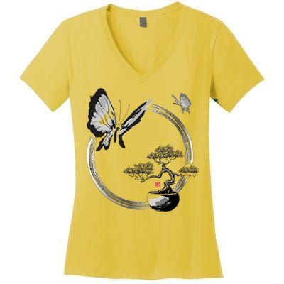 Butterflies And Bonzai Tree Japanese Ink Women's V-Neck T-Shirt