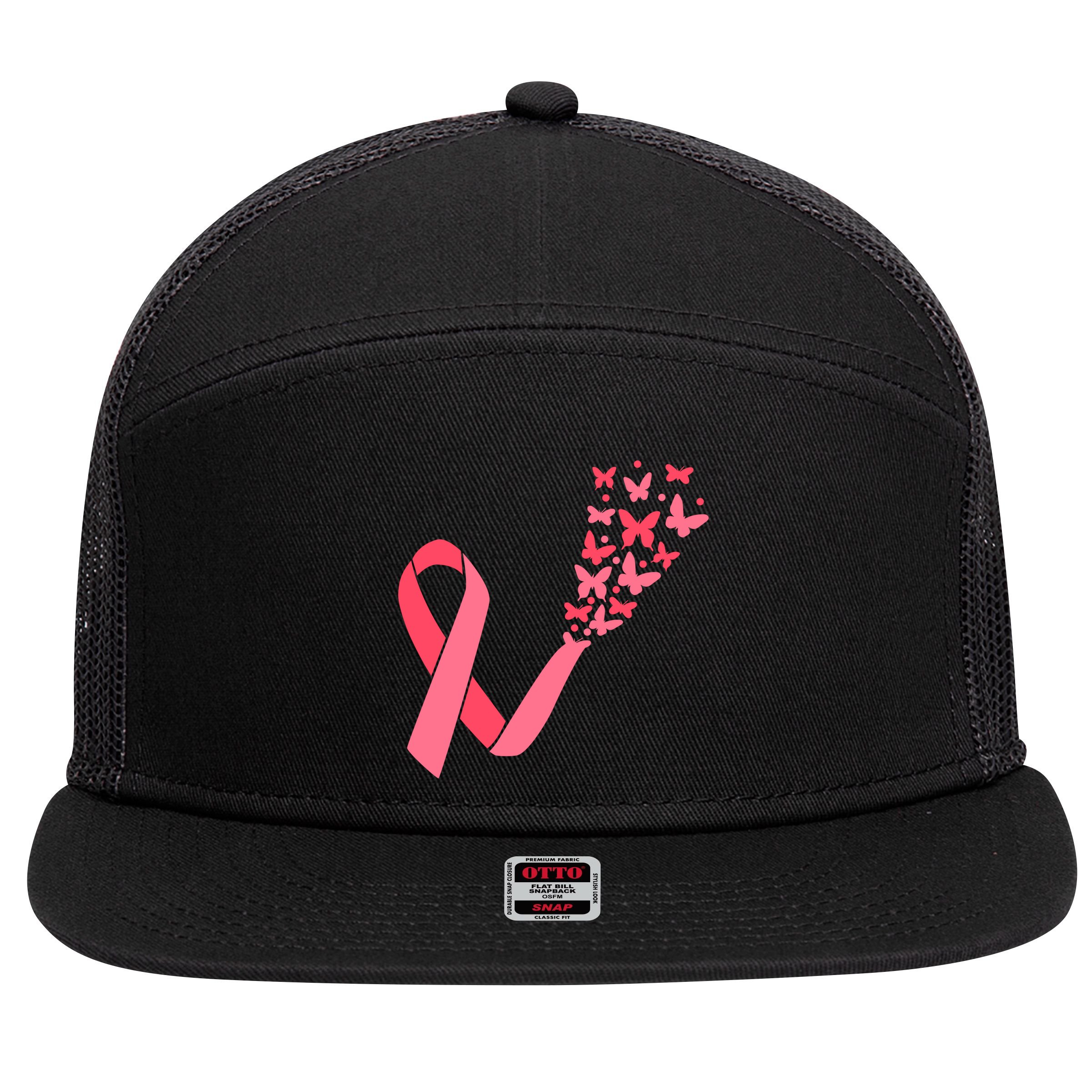 Butterfly Burst Breast Cancer Ribbon 7 Panel Mesh Trucker Snapback Hat