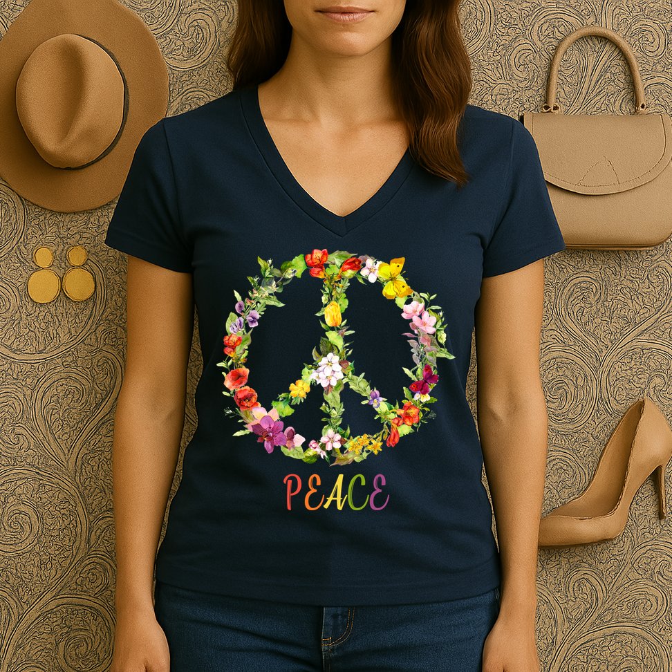 Butterfly Flower Peace Sign Women's V-Neck T-Shirt