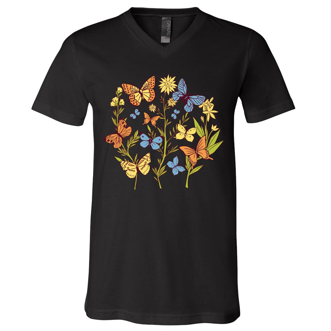 Butterfly Garden Flowers V-Neck T-Shirt