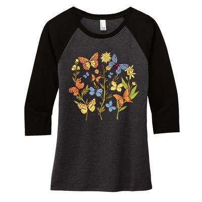 Butterfly Garden Flowers Women's Tri-Blend 3/4-Sleeve Raglan Shirt