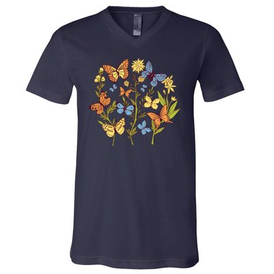 Butterfly Garden Flowers V-Neck T-Shirt