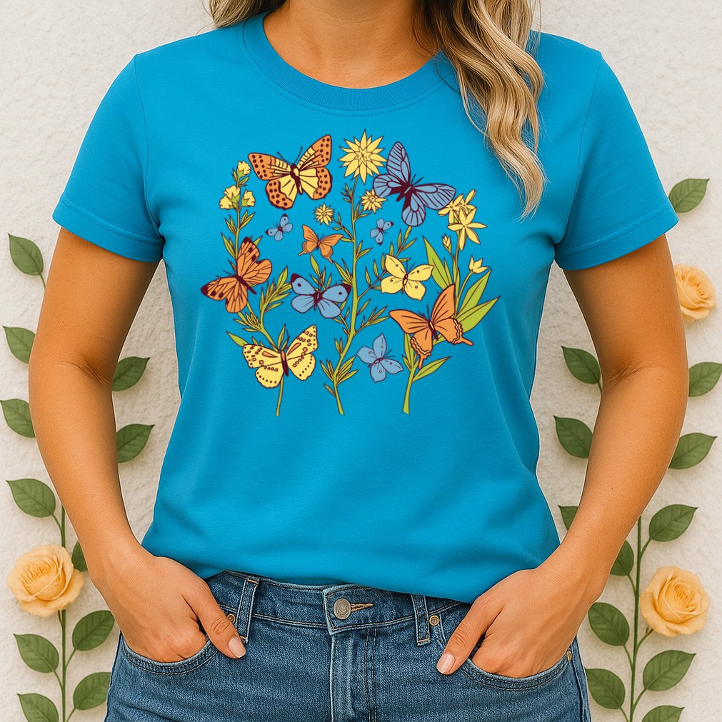 Butterfly Garden Flowers Womens T-Shirt
