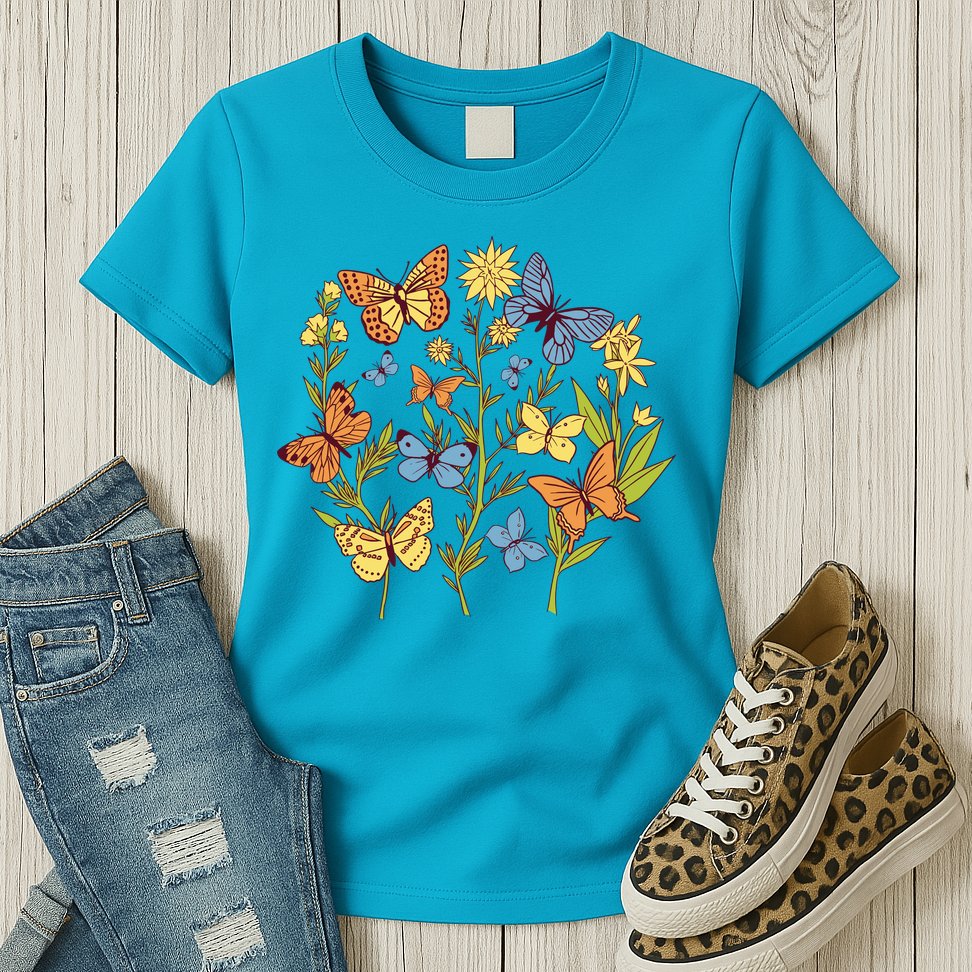 Butterfly Garden Flowers Womens T-Shirt
