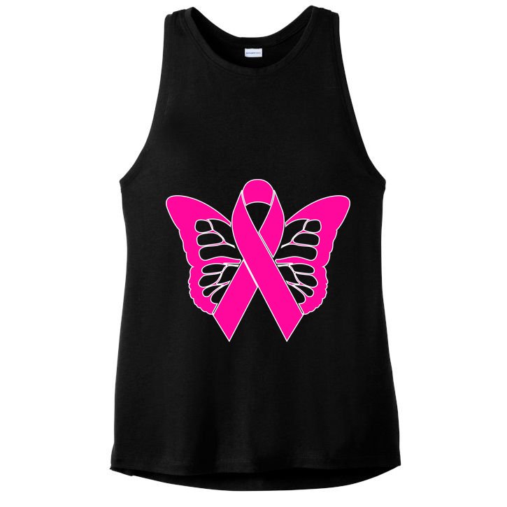 Butterfly Ribbon Breast Cancer Ladies PosiCharge Tri-Blend Wicking Tank