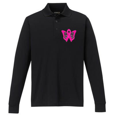 Butterfly Ribbon Breast Cancer Performance Long Sleeve Polo