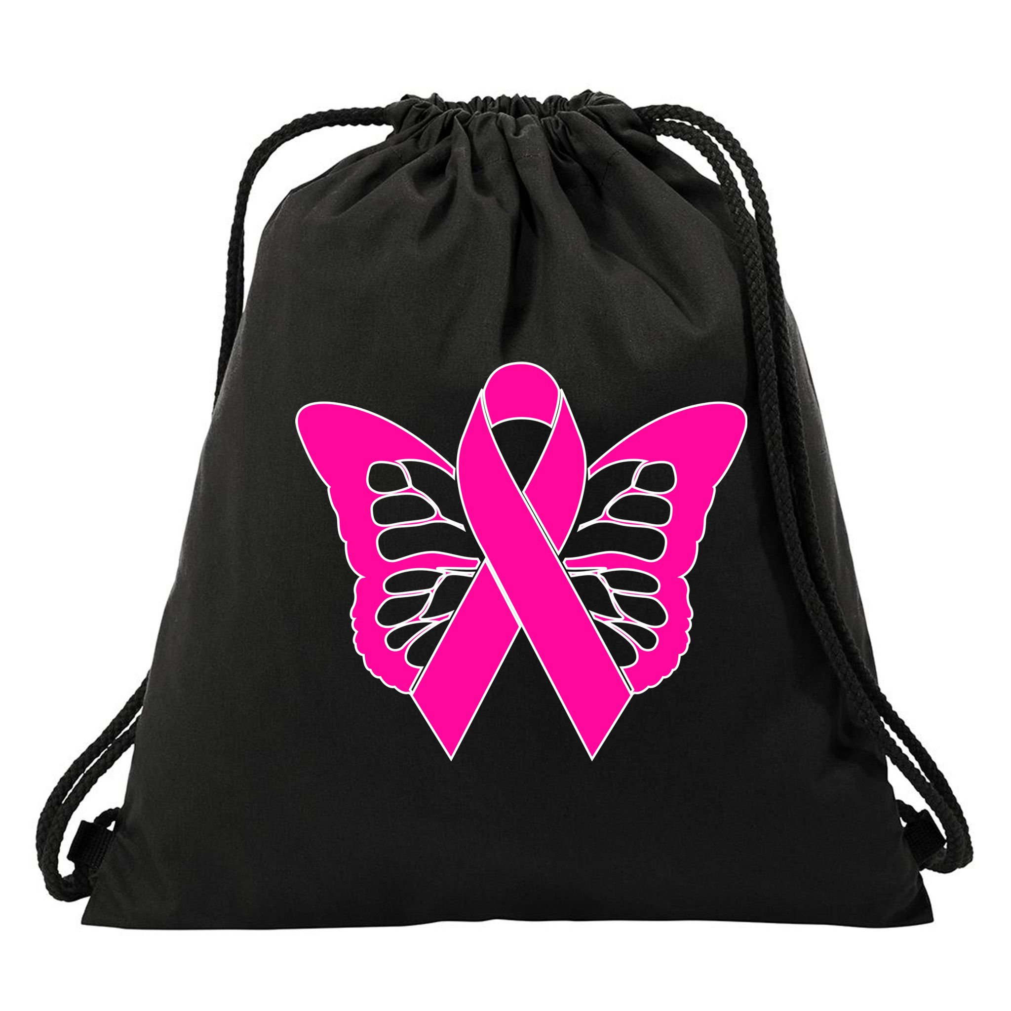 Butterfly Ribbon Breast Cancer Drawstring Bag