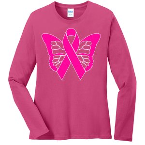 Butterfly Ribbon Breast Cancer Ladies Long Sleeve Shirt