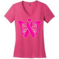 Butterfly Ribbon Breast Cancer Women's V-Neck T-Shirt