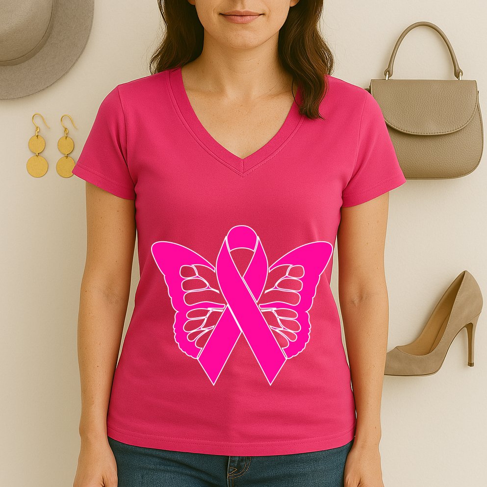 Butterfly Ribbon Breast Cancer Women's V-Neck T-Shirt