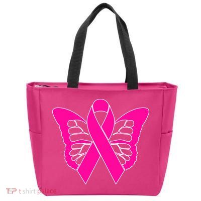 Butterfly Ribbon Breast Cancer Zip Tote Bag