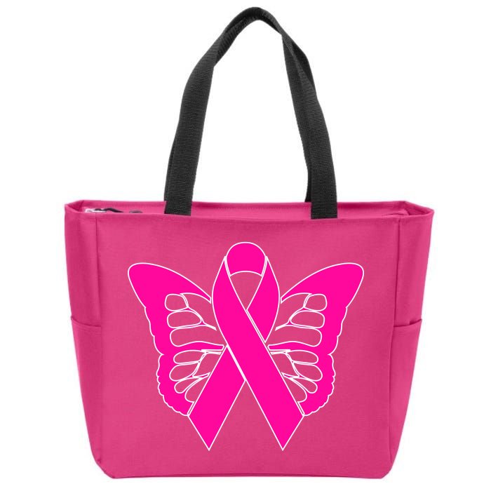 Butterfly Ribbon Breast Cancer Zip Tote Bag